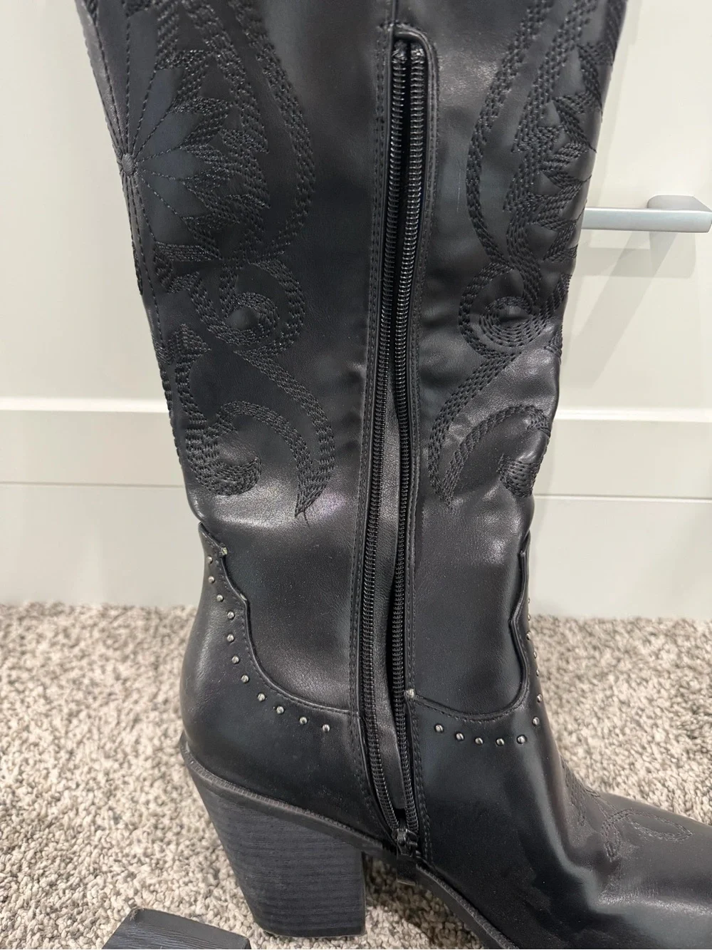 TOP Moda Black Pointed-Toe Studded Western Knee Boots - Picture 5 of 10